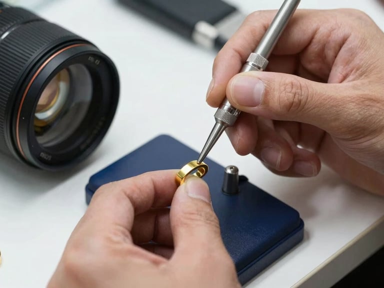 Close-up of a professional jeweler's hand carefully using a touchstone and testing acids on a piece of gold jewelry, in a well-lit office, deep navy and warm gold tones, sharp focus, 50mm lens.