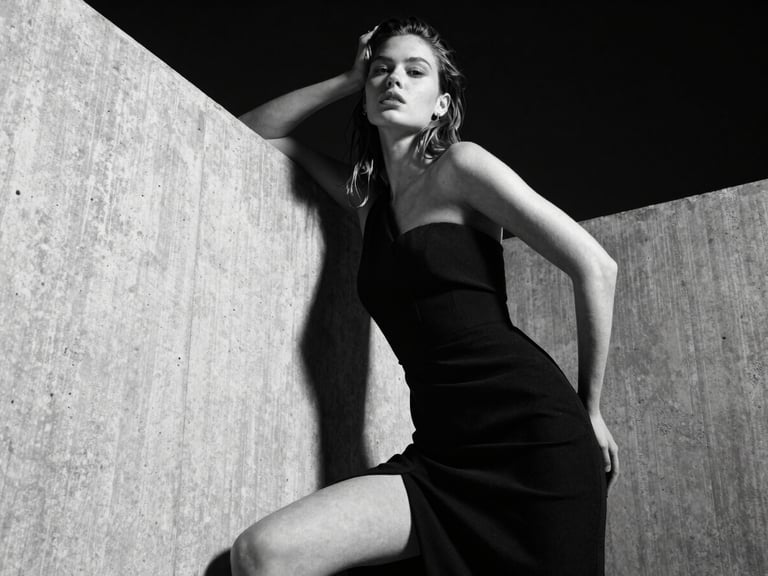 High-contrast black and white editorial fashion photography, model posing against sharp concrete structures, dramatic studio lighting