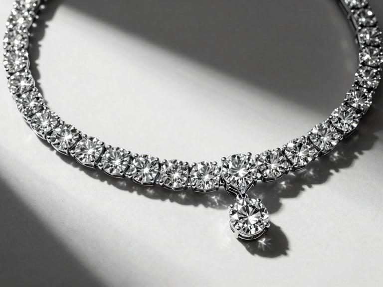 Extreme close-up of a luxury diamond necklace, dramatic shadows, sharp focus, high-contrast black and white photography