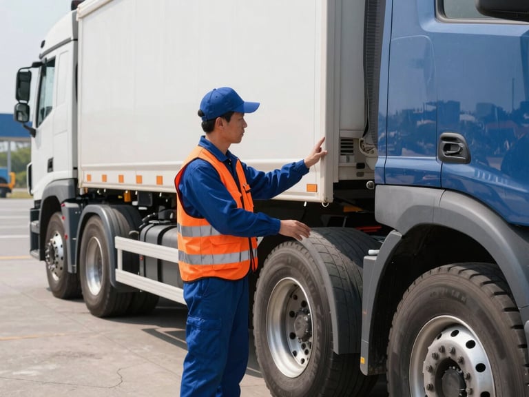 Professional truck driver in safety gear inspecting a truck's tires at a loading dock, bright daylight, deep blue uniform, safety orange vest, 35mm