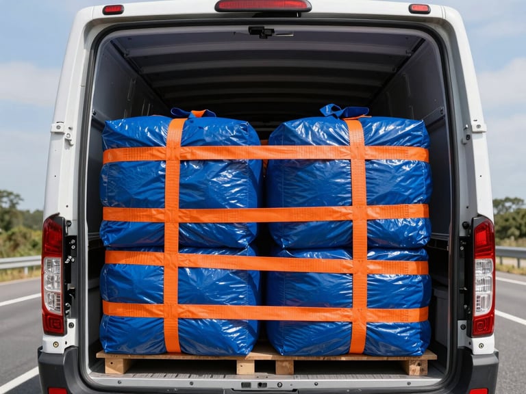 Interior of a clean dry van trailer, loaded with securely strapped cargo, bright daylight, safety orange straps, 35mm