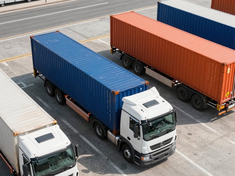Overhead shot of a logistics hub with trucks and cargo containers, bright daylight, deep blue and safety orange accents, 35mm