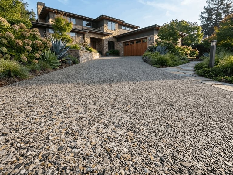 Modern luxury home featuring a decorative exposed aggregate driveway