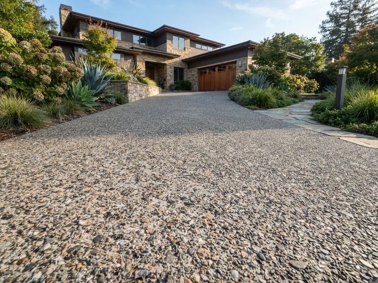Low-angle wide shot of a freshly completed exposed aggregate driveway in Belmont, crisp morning daylight, sharp concrete texture, 35mm