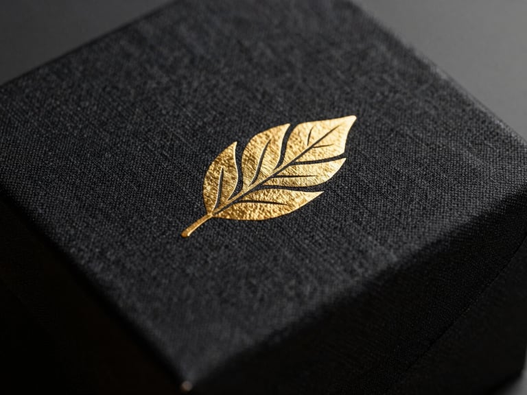 Close-up macro shot of gold-leaf branding debossed onto a heavy black linen gift box, soft directional key light highlighting the rich paper texture.
