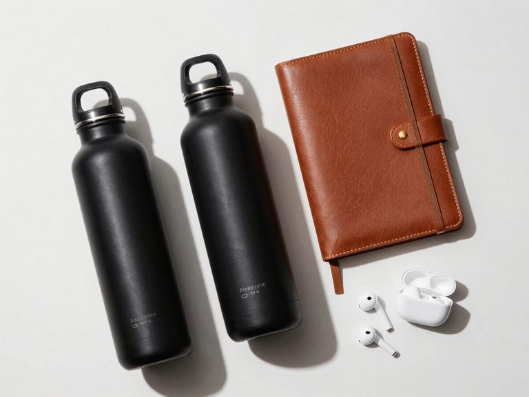 Overhead flat-lay of a premium welcome kit, featuring a matte black water bottle, a leather notebook with gold debossing, and wireless earbuds, sharp shadows, luxury studio lighting.
