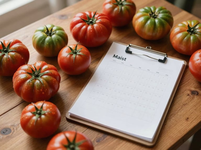 Overhead shot of a wooden table covered in freshly harvested heirloom tomatoes and a clipboard with a content calendar, soft warm indoor lighting.