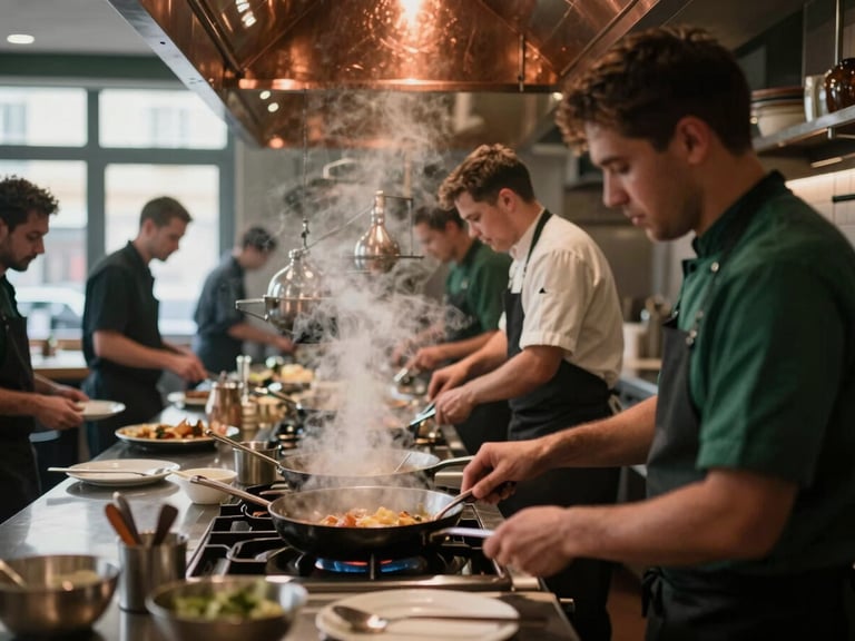 Candid shot of a busy restaurant kitchen line during dinner service, steam rising from pans, chefs in motion, warm copper and dark shadows.