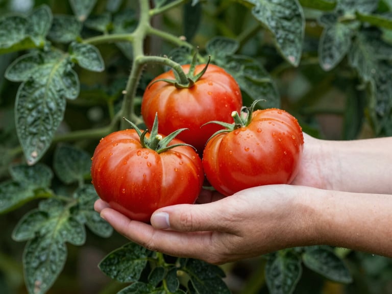 Hands holding freshly harvested heirloom tomatoes, rich crimson skins against matte green foliage, natural daylight.