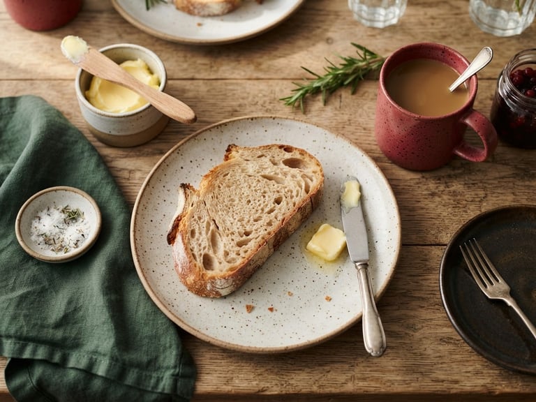 Overhead flat lay of a rustic Scandinavian restaurant table, warm morning light casting soft shadows on sourdough and fresh butter, shallow depth of field.