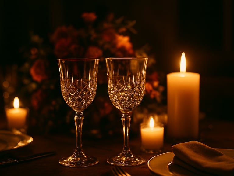 Close-up of elegant crystal glasses on a beautifully decorated table during an evening anniversary celebration, soft candlelight, deep shadows, cinematic focus