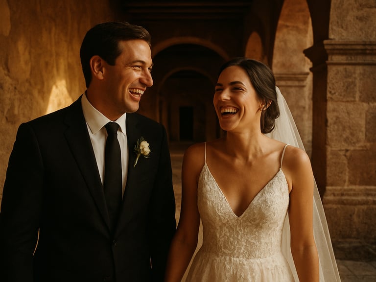 Candid portrait of a bride and groom laughing in a sunlit stone corridor of a San Miguel de Allende estate, soft warm light, 35mm film style, rich textures
