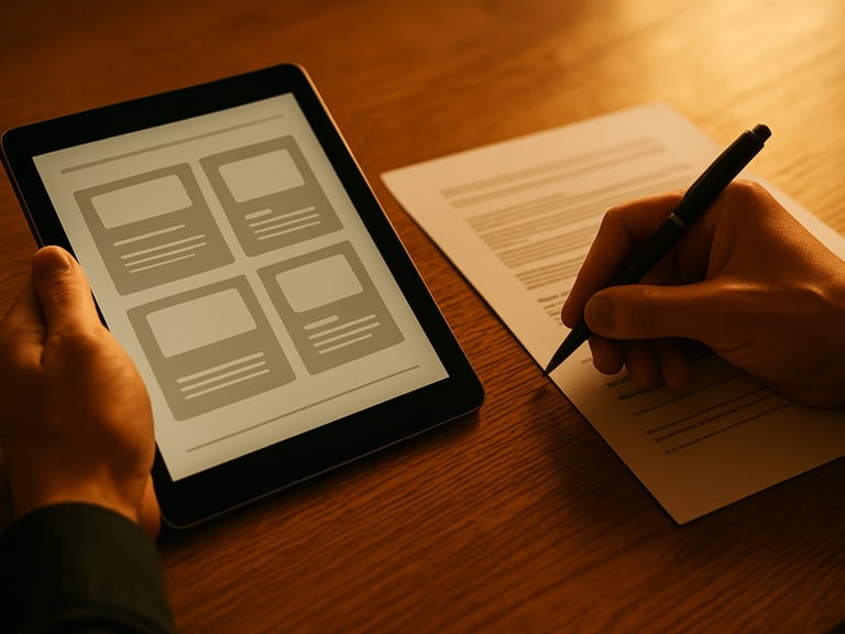 Warm editorial photography, high-contrast golden-hour light, close-up of hands reviewing digital layouts and signing legal documents on a warm oak desk, 35mm film.