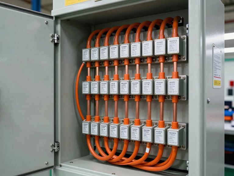 An impeccably organized marine electrical panel with heavy-gauge orange high-voltage cables, precise labeling, and clean copper busbars inside a modern workshop.