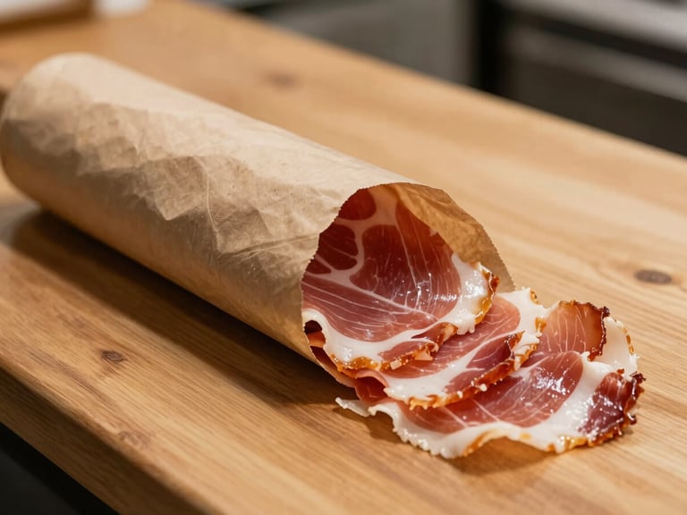 Close-up of freshly sliced prosciutto being wrapped in brown butcher paper at a wooden deli counter, warm natural lighting, shallow depth of field.