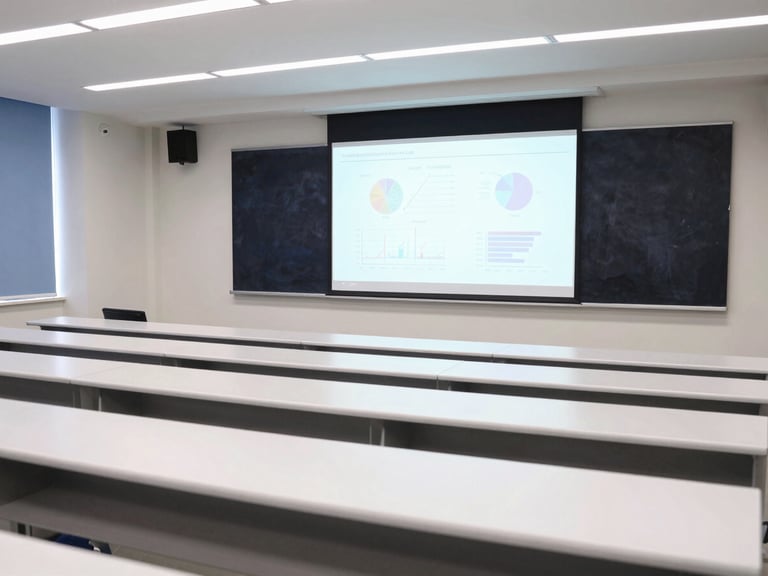 A bright, modern university lecture hall with rows of clean white desks and a wide presentation screen showing scientific data graphs.