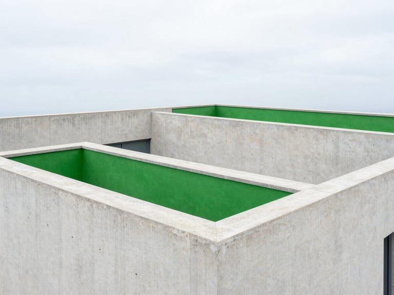 Crisp architectural photography of a modern concrete building roof in Porto under dry overcast daylight, showcasing clean geometric lines and water-repellent surfaces.