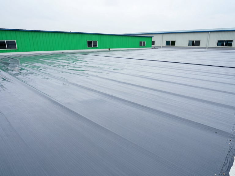 Wide shot of a large industrial warehouse roof with newly applied seamless grey waterproofing membrane, sharp perspective, high-contrast cool tones.