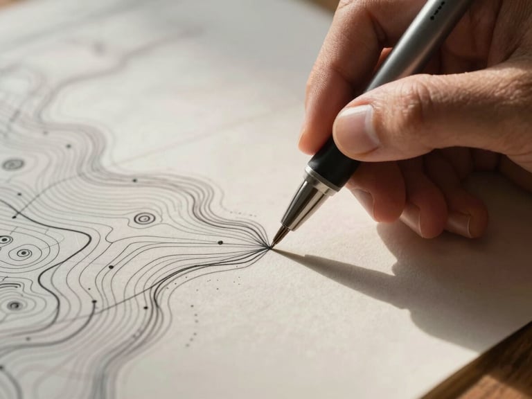 Macro close-up of a cartographer's hand drawing fine topographic contour lines on heavy archival paper with a technical drafting pen, warm natural side-lighting.