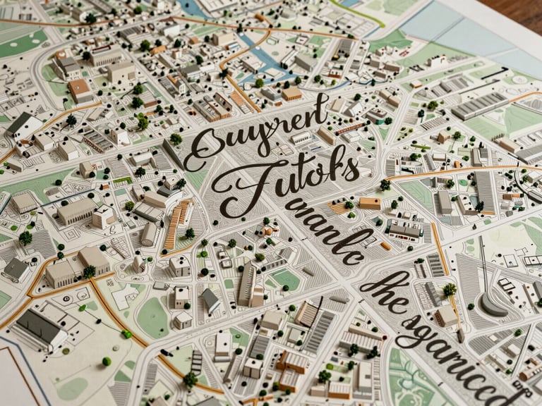 Wide flat-lay of a complex commercial territory map with custom hand-lettered typography and delicate boundary lines, clean studio lighting.