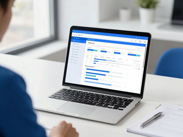 Over-the-shoulder shot of a modern clean workspace with a laptop displaying a simple, clear analytics dashboard, bright natural daylight, royal blue accents.