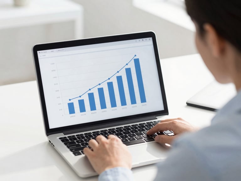 Over the shoulder view of a business owner reviewing a simple, clear traffic growth chart on a laptop screen, bright natural daylight, clean modern desk workspace