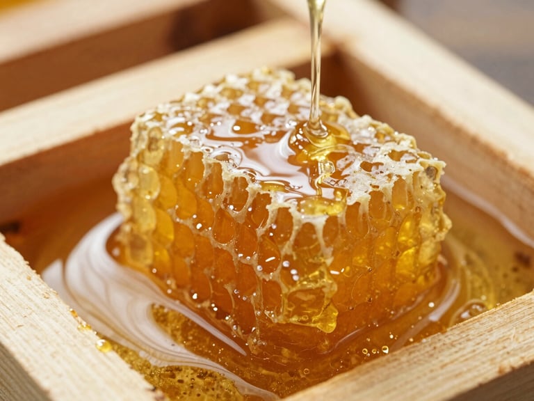 Macro close-up of pure golden raw honeycomb dripping with fresh honey, warm natural side lighting from the sun, soft focus background of clean wooden hive frames.