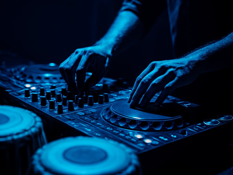 Close-up of Ram Adnan's hands on a DJ deck, traditional Indian instruments (like Djembe or Tabla) blurred in the foreground, vibrant cyan stage lighting, dramatic shadows, high-contrast, 35mm.