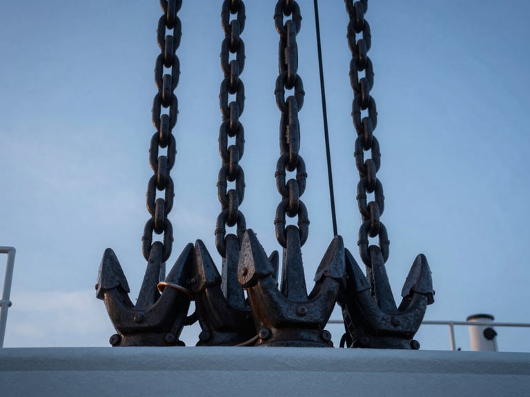 Extreme close-up of heavy industrial deck rigging and steel anchor chains on an active utility boat during the cold blue hour of morning.