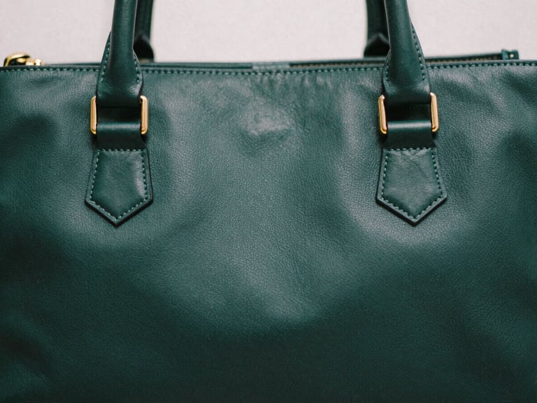 Close-up of structured leather stitching on a dark green handbag, soft shadows, overcast daylight, editorial film photography, 35mm