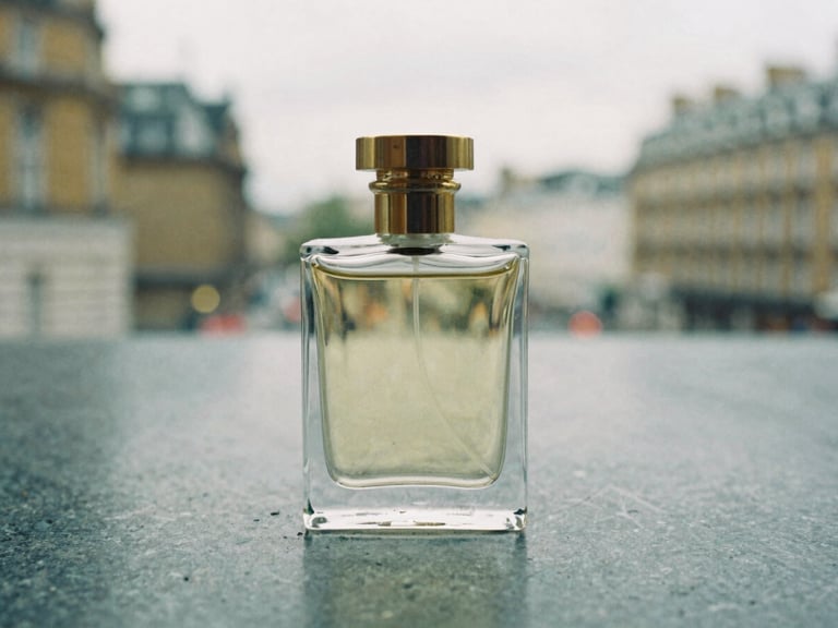 Close-up of a heavy glass perfume bottle with brass cap on a dark green marble surface, soft overcast London daylight, desaturated tones, 35mm film