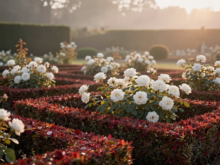 A beautiful quiet French formal garden with manicured boxwood hedges and blooming white roses, soft misty morning light, elegant atmosphere
