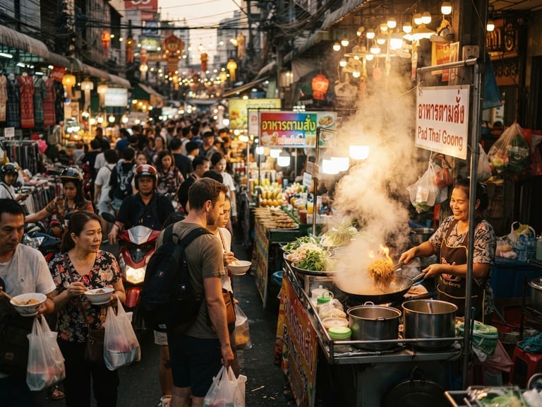 Cinematic wide shot of a bustling local Thai night market, steam rising from fresh street food stalls, warm golden hour ambient lighting, 35mm film look