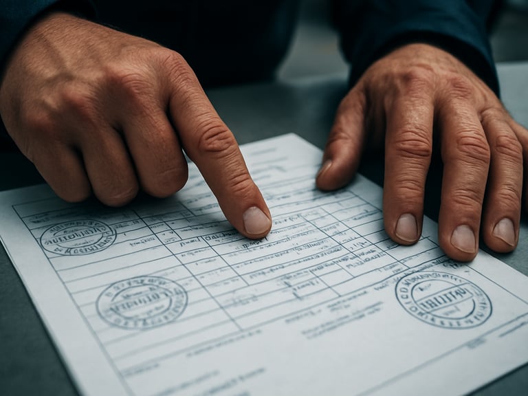Extreme close-up of a customs broker's hands pointing to a specific HS code on a printed manifest, official stamps visible, hard daylight, industrial editorial photography, 35mm