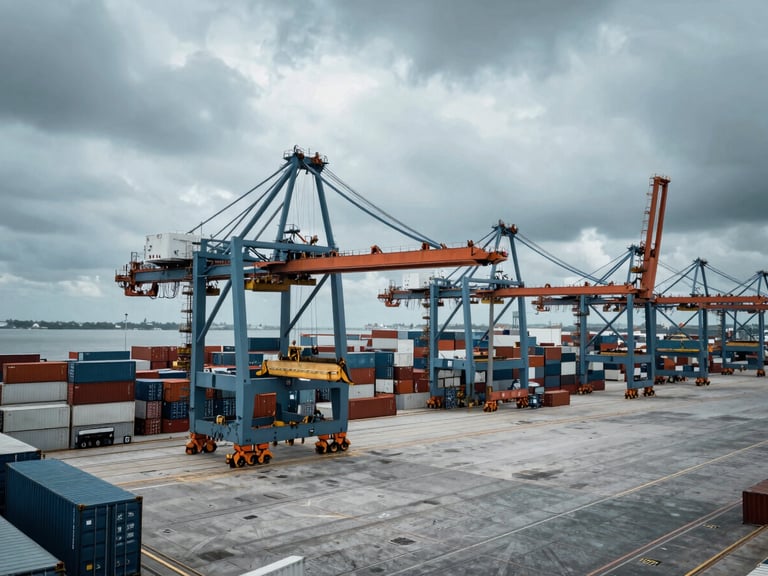 High-angle shot of a cargo container being unloaded at a busy port terminal, industrial cranes in motion, dramatic overcast skies, desaturated steel blues, wide-angle