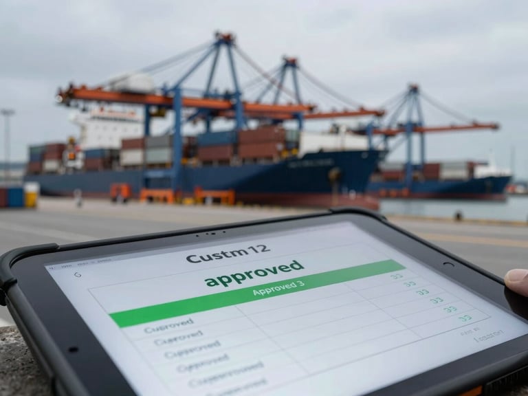 Close-up of a digital customs manifest on a rugged tablet, showing green 'approved' status, with a blurred backdrop of container ships, high-contrast industrial lighting, desaturated steel blues and orange accents, wide-angle