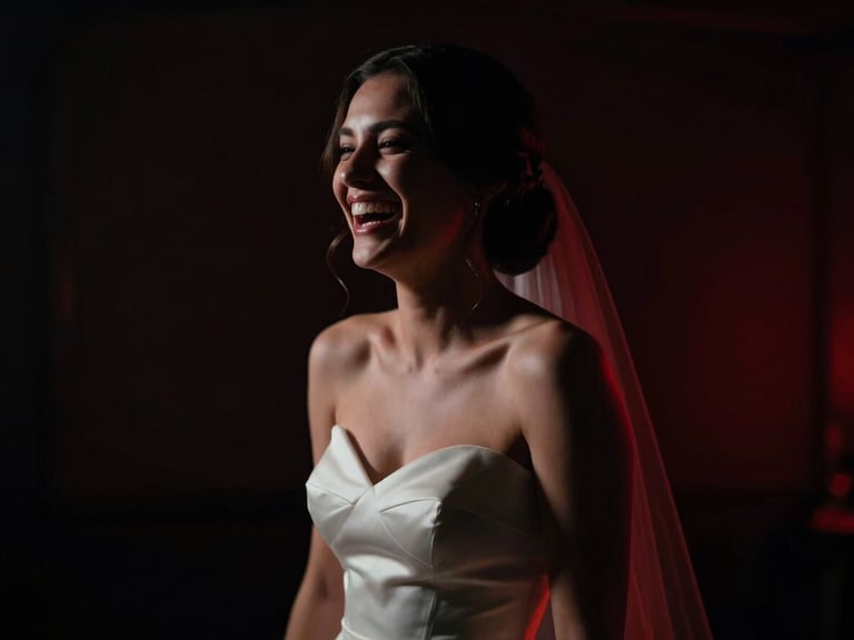Cinematic portrait of a bride laughing with intentional motion blur. Low-key dramatic lighting, deep black background with a subtle crimson glow, high contrast, 35mm film.