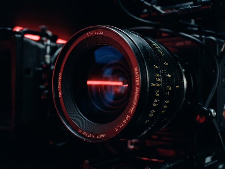 Extreme close-up of a high-end cinema camera lens reflecting sharp crimson neon light in a dark studio, anamorphic lens, high contrast, 35mm