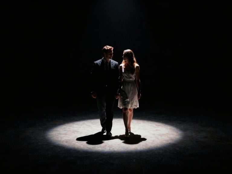 Cinematic wedding couple walking in deep shadows under a single spotlight, high contrast, dramatic backlighting, 35mm