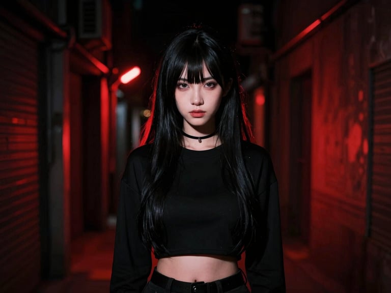 High-concept cosplay portrait in a dark atmospheric alley with red neon accents, low-key lighting, anamorphic crop