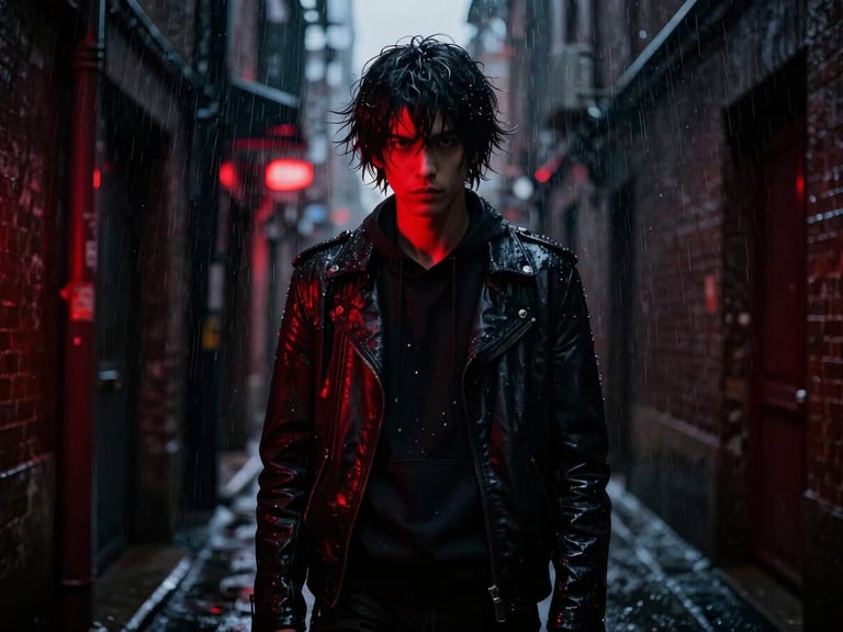 A high-concept cosplay portrait in an atmospheric dark alley, dramatic backlighting, rain droplets catching crimson neon light, anamorphic lens crop.
