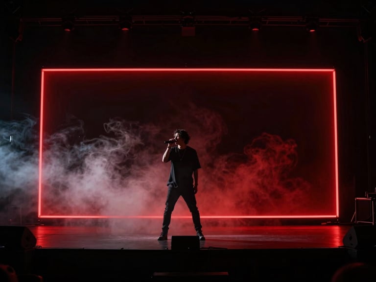 Cinematic wide shot of a musician performing on a dark stage. Sharp red neon backlighting, heavy shadows, realistic smoke, high contrast, anamorphic lens.