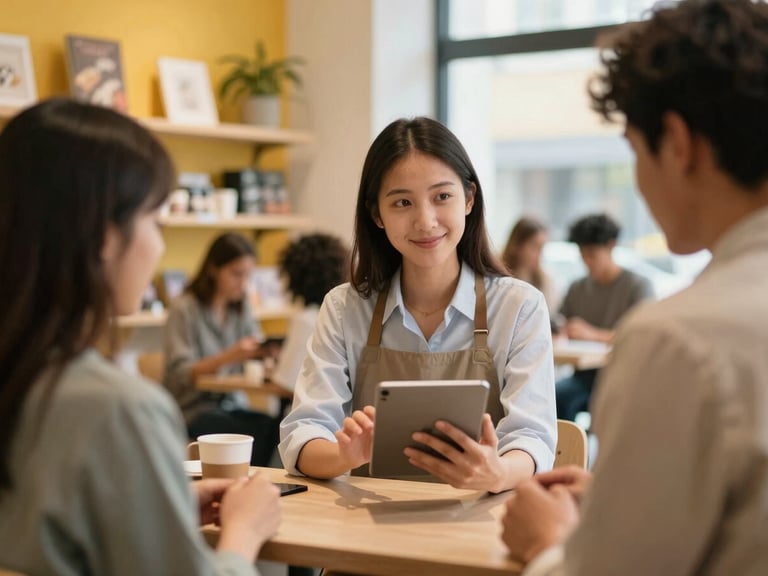 A business owner interacting with customers on social media via a tablet, in a vibrant multicultural shop setting, warm indoor lighting.
