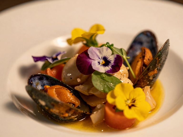 A close-up macro shot of a Michelin-star caliber seafood dish, delicate herbs, edible flowers, warm editorial light, shallow depth of field.