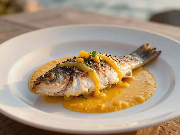 A close-up of a beautifully plated Mediterranean seabass with citrus emulsion, served on a white ceramic plate, soft golden daylight, shallow depth of field.