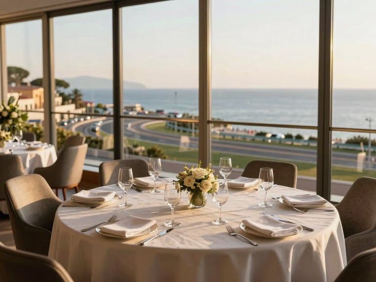 Elegant corporate conference setup in a sun-drenched panoramic lounge, large windows showing the racetrack and Mediterranean sea in the background.