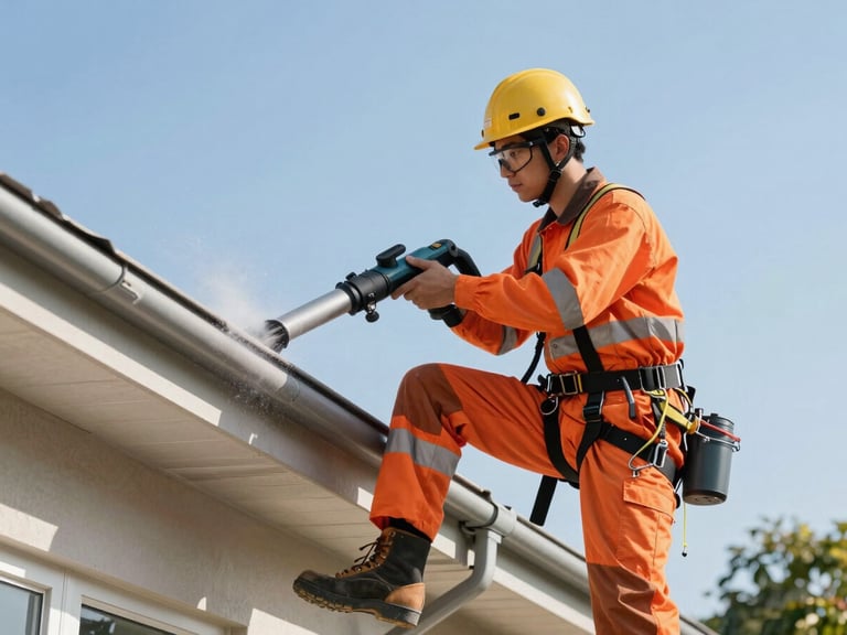 A professional technician wearing safety harness and orange high-visibility gear cleaning a residential gutter with specialized vacuum equipment, bright midday sun, sharp focus