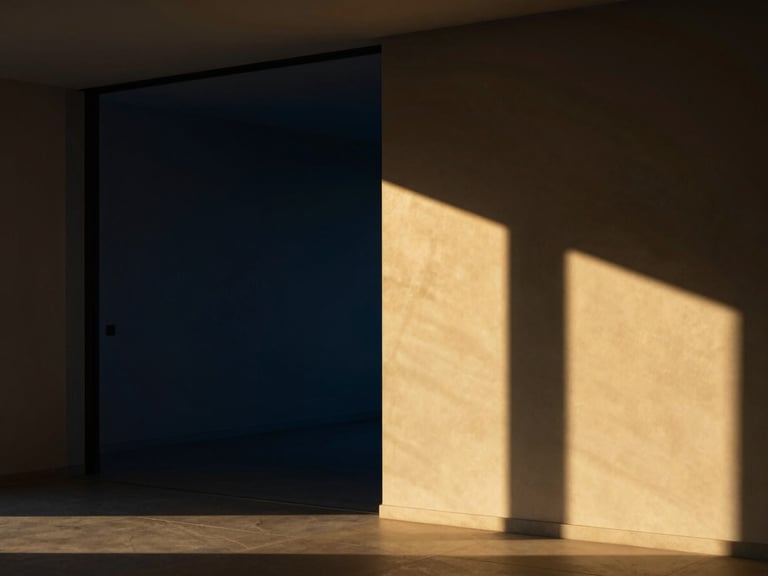Close-up of a luxurious apartment interior, empty, minimalist furniture, high-contrast light and shadow, premium materials.