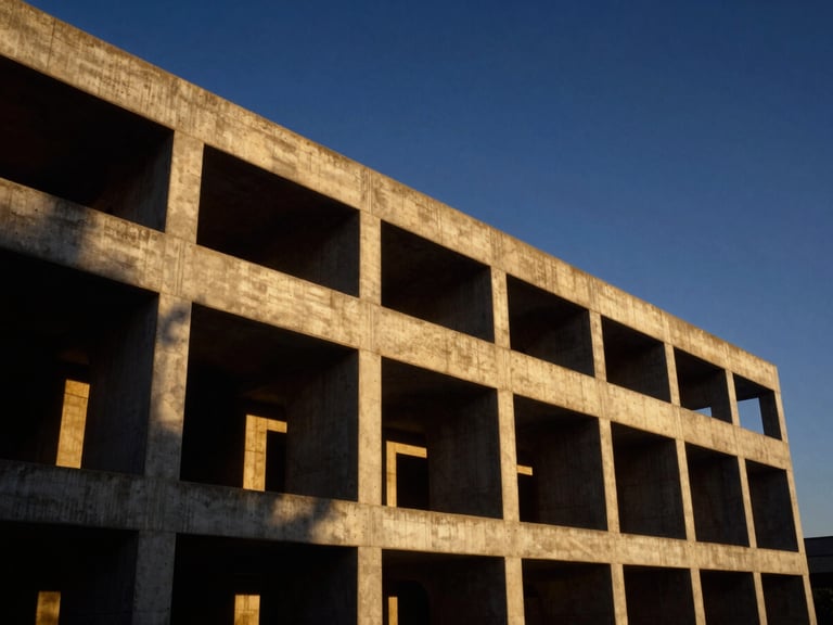 Vast environmental shot of a modern industrial concrete structure under dramatic golden hour sky, low-angle perspective, high-contrast shadows, 35mm