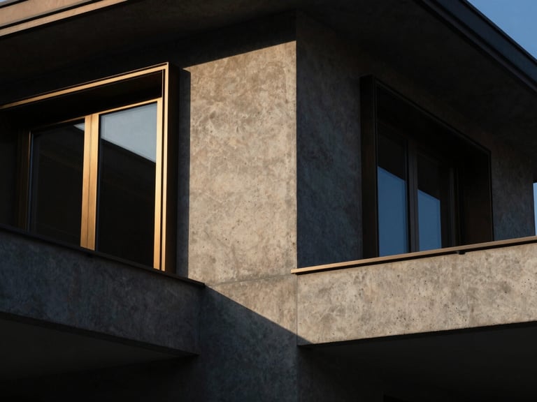 Close-up architectural detail of premium raw concrete and bronze window frames on a modern luxury villa, sharp geometric shadows, low-key evening light, 35mm